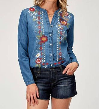 Roper Womens Denim Blouse In Med Blue