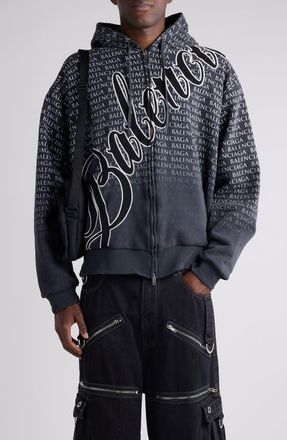 Balenciaga Big B Logo Embroidered Full Zip Dry Fleece Hoodie in 6552 Washed Black 2/White at Nordstrom, Size X-Large