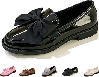 Generic 2026 New Womens Cute Bowknot Design Loafers, Patent Leather Slip On Flat Shoes with Low Square Heel for Women (Black,4.5)