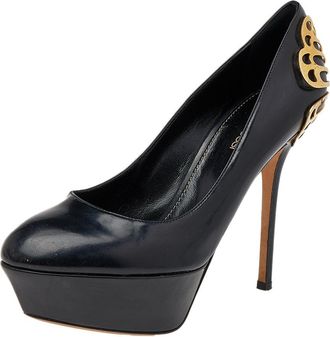 Sergio Rossi Black Leather Butterfly Plaque Platform Pumps