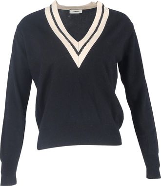 Sandro Sandro Contrasting V-Neck Knitted Sweater in Black Wool