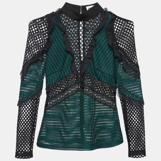 Self Portrait Green Mesh Ruffle Detail Top S