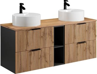 Vente-Unique Mueble de ba&ntilde;o suspendido con estantes y lavabo redondo - Natural claro - 140 cm - MADELA