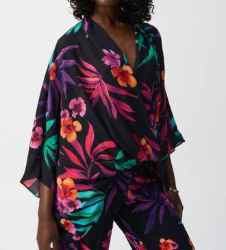 Joseph Ribkoff Tropical Print Surplice Top In Black Multi