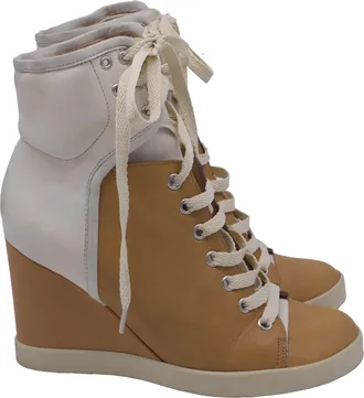 See By Chlo&eacute; See by Chlo&eacute; High-Top Wedge Sneakers in Brown and White Leather