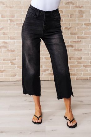 Judy Blue High Rise Button Fly Wide Leg Crop Jean In Washed Black