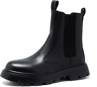 Generic Mens Pull on Chelsea Ankle Boots Round Toe PU Leather Platform Boots Block Heel Casual Boot,Black,10.5 UK