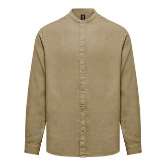 Bomboogie Casual Shirts, male, Beige, Size: 2XL Linen Shirt with Mandarin Collar