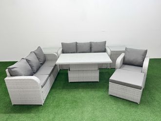 Fimous 8 Seater Poly Rattan Outdoor Garden Furniture Adjustable Lifting Dining or Coffee Table Sofa Set Patio 3 Seater Sofa Reclining Chair 3 Seater