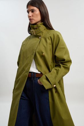 Karen Millen Womens Funnel Neck Trench Coat - Green Cotton - Size 14 UK