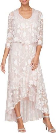 Alex Evenings Metallic Floral High-Low Chiffon Jacquard Midi Dress with Jacket in Shell Pink at Nordstrom Rack, Size 10