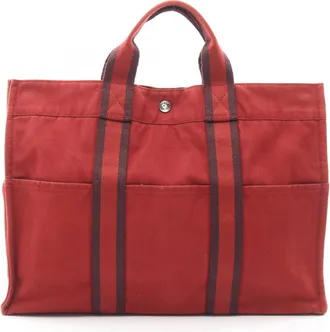 Herm&egrave;s Red Color Canvas Handbag Tote Bag (Pre-Owned)