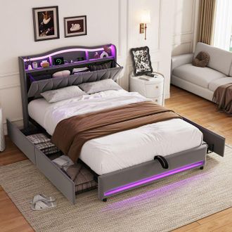 OEM Cama Doble - Tama&ntilde;o Queen 160x200 - 4 Cajones Y Cabecera Acolchada - Led Multicolor + Usb/tipo-c - Soporte 300 Kg