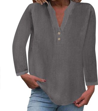 Generic Linen Blouse for Women UK 2024 Fall Long Sleeve Tshirt Fashion Button Down V Neck Blouse Tees Solid Cotton Linen Loose Fit Tops Vacation Lightweight C