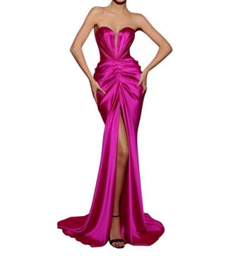 Tarik Ediz Plunging Sweetheart Satin Evening Gown In Fuchsia