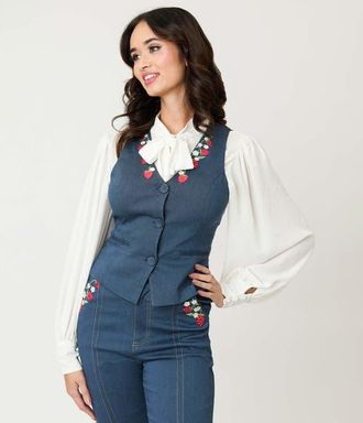 Unique Vintage 1940s Embroidered Button Up Vest in Denim W/Strawberries at Nordstrom, Size X-Large