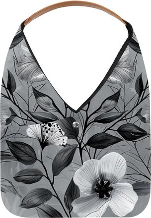 Generic Black Print Flower on Gray Background (3) Reusable Lightweight Grocery Bags - Foldable Into Compact Pouch, Washable & Sturdy, Multipurpose for Shoppin