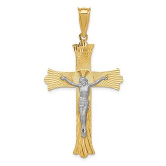 Diamond2Deal 14k Two-tone Gold Polished Satin Diamond-Cut Crucifix Cross Pendant