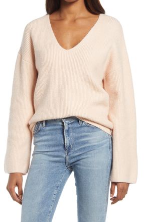 Treasure & Bond Womens Pink Rib Stitch V-Neck Sweater - Size Small