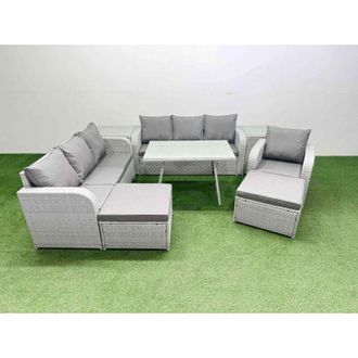 Fimous 8 Pieces Outdoor pe Rattan Garden Furniture with Cushions Reclining Chair 2 Side Tables 2 Big Stools Light Grey - Fimous