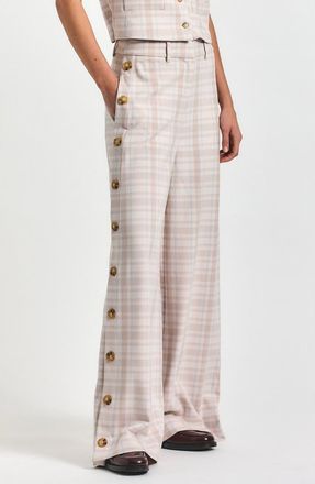 Derek Lam Carter Button Wide Leg Pants in Taupe/Blue Plaid at Nordstrom Rack, Size 12