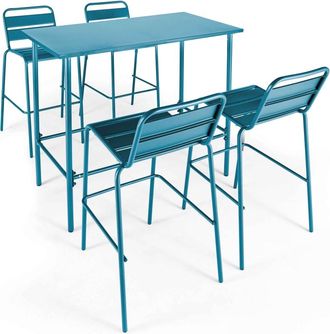 Oviala Conjunto mesa alta y 4 taburetes de bar en metal azul pacífico