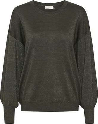 Kaffe Bosnacht Gebreide trui met pofmouwen - Dames - Ronde hals truien - Groen - S - Nylon - Truien & Vesten