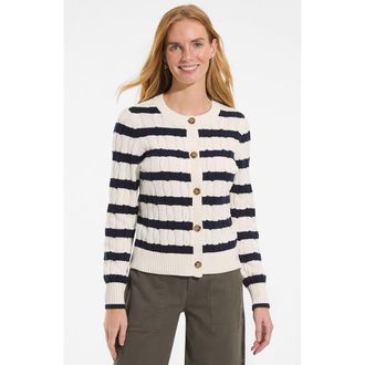 Lands End Drifter Classic Cable Crew Neck Cardigan Sweater in Ivory/navy Coastal Stripe at Nordstrom, Size X-Large P