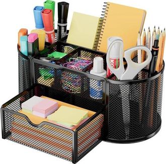 OEM Organizador De Escritorio De Malla Met&aacute;lica: 4 Compartimentos Para Bol&iacute;grafos, Grapas Y Documentos