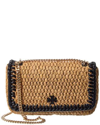 Tory Burch Emerson Raffia Flap Leather Shoulder Bag