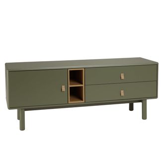 Macabane Mueble de tv verde con 1 puerta, 2 cajones y 2 nichos de madera natura