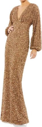 Mac Duggal Sequin V Neck Long Sleeve Evening Gown In Bronze