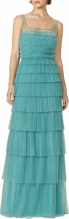 Costarellos Kali Plisse French Tulle Gown In Viridian Green