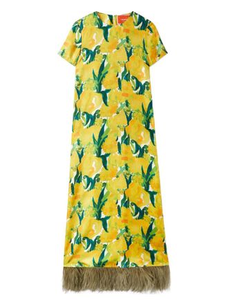 La DoubleJ Swing floral-print feather-hem maxi dress - Yellow