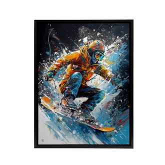 Artery8 Snowboarder Action Scene Colourful Modern Framed Canvas Wall Art Print | Size: W24 x H32