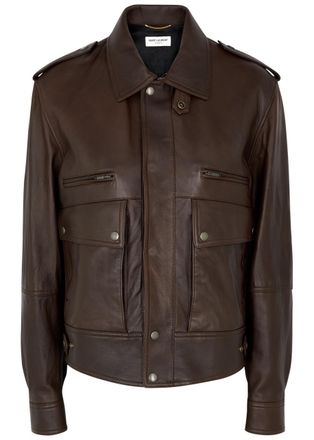 Saint Laurent Womens Brown High-neck Leather Jacket - Size 12, Slouchy Relaxed Fit & Dropped Shoulders