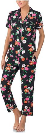 Kate Spade New York Short Sleeve Knit Cropped PJ Set Womens Pajama Sets Black Ground Floral : LG, Polyester/Spandex