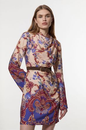 Karen Millen Womens Premium Viscose Linen Paisley Border Print Woven Mini Dress - Multicolour - Size 12 UK