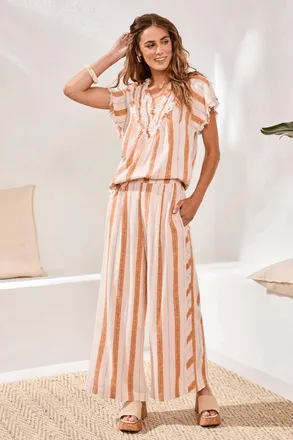 Tribal Pull-On Flowy Wide-Leg Pants In Sahara Beige