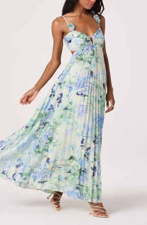 ASTR the Label Emese Pleated Maxi Sundress in Green Blue Floral at Nordstrom, Size X-Small