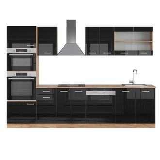 Vicco Mueble De Cocina R-line, Roble Negro/dorado De Alto Brillo, 300 Cm Con Armario Alto, Et Roble