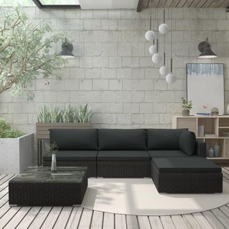 vidaXL Set Muebles De Jard&iacute;n 5 Piezas Y Cojines Rat&aacute;n Sint&eacute;tico Negro