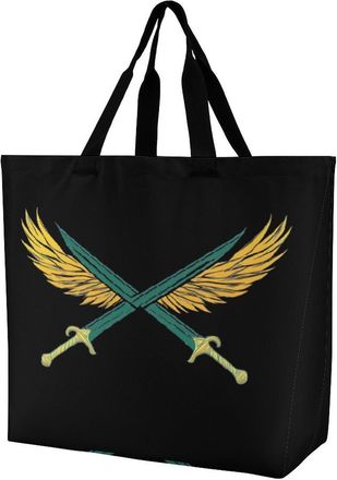 Generic Crossed Longswords with Wings Large Reusable Shopping Bag Lightweight Foldable Tote Bags Washable Shoulder Handbag