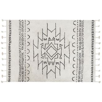 Beliani Alfombra De Algod&oacute;n Blanco Crema Negro 140 X 200 Cm Geom&eacute;trico Borlas Khouribga