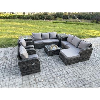 Fimous High Back Rattan Garden Furniture Set with Square Coffee Table 2 Side Tables Big Footstool Indoor Outdoor Patio Lounge Sofa Set Dark Grey Mixed