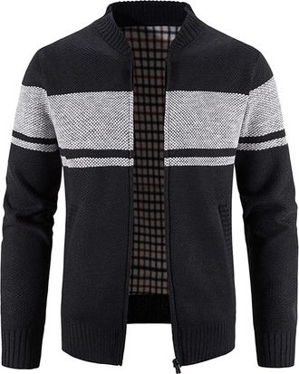 Generic Mens Cardigan Full Zip Knitted Cardigan Fleece Lined Knitted Coat Thick Long Sleeve Knit Jacket Stand Collar Knit Jumpers Winter Casual Warm Outerwear