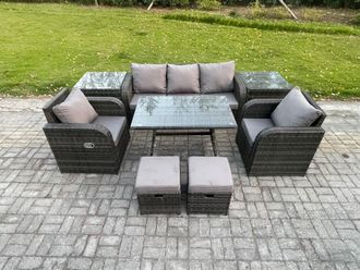 Fimous Outdoor Garden Furniture Sets 8 Pieces Wicker Rattan Furniture Sofa Sets with Rectangular Dining Table 2 Small Footstools in Dark Grey