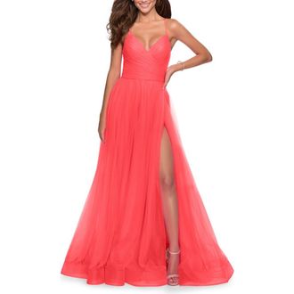 La Femme Long Tulle A-line Gown with Side Slit and Pockets in Hot Coral at Nordstrom, Size 2