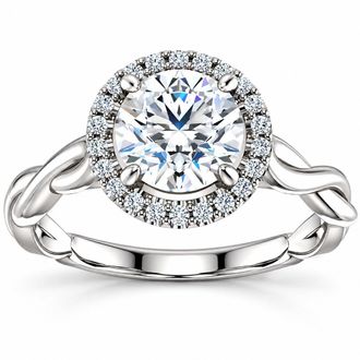 Pompeii3 1ct Diamond Halo Vintage Solitaire Round Cut Intertwined Band 14k White Gold