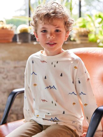 Vertbaudet T-shirt manches longues imprim&eacute; gar&ccedil;on blanc imprim&eacute;